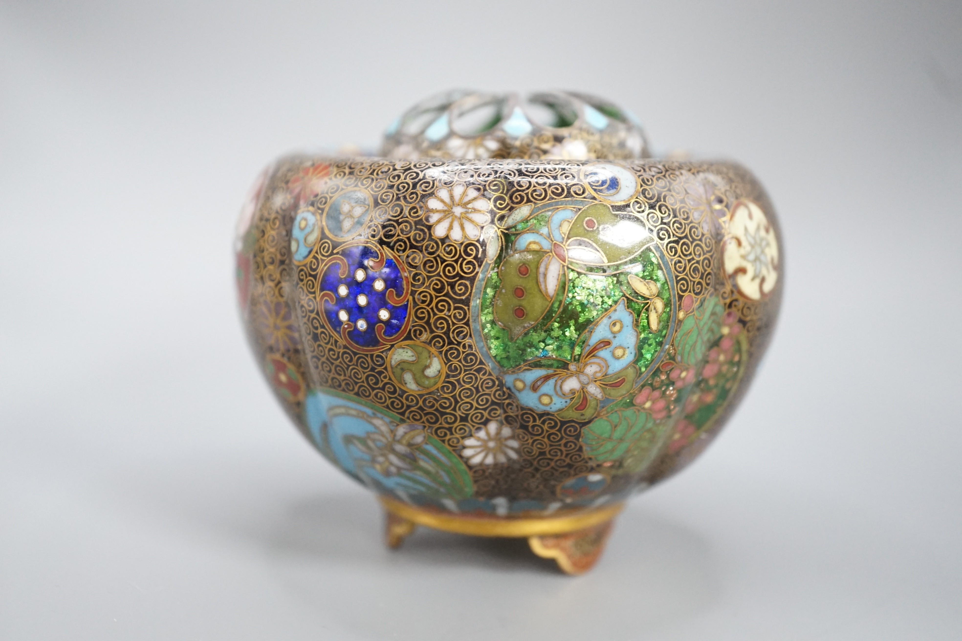 A Japanese cloisonne enamel koro and cover, 9.5 cm diameter and various Japanese mixed metal small boxes and covers, One made from Japanese sword fittings, signed, 4 cm